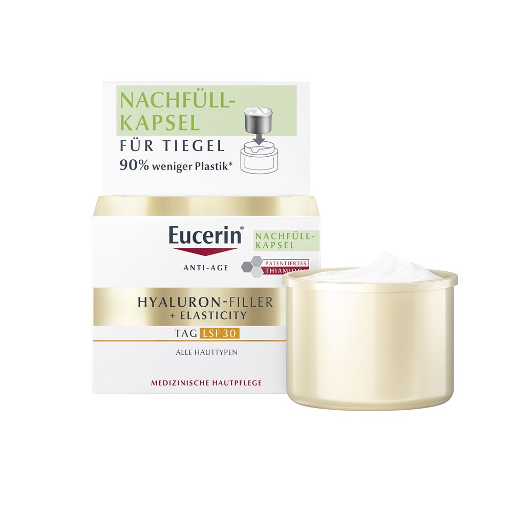Capsule de recharge pour pot. Eucerin Hyaluron-Filler + Elasticity Tag LSF 30. Emballage et pot.