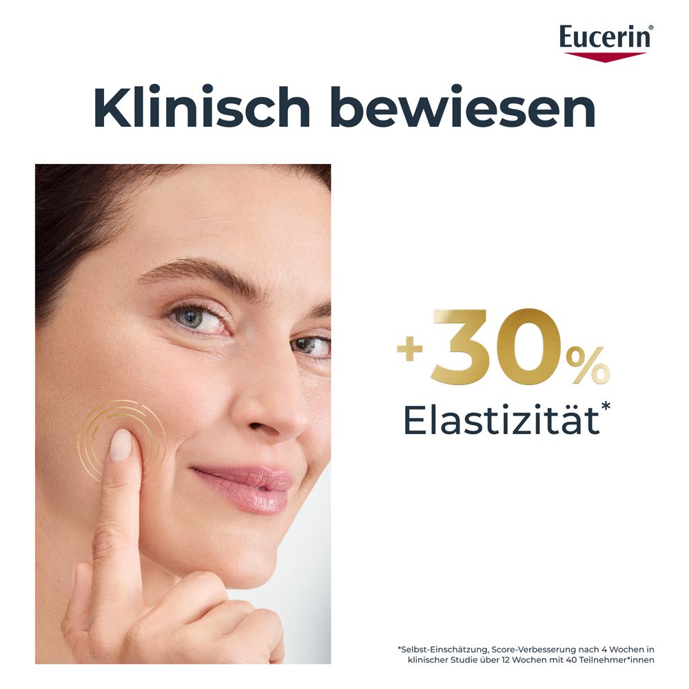 Femme touchant son visage. Texte: Cliniquement prouvé. +30% d'élasticité. Eucerin.