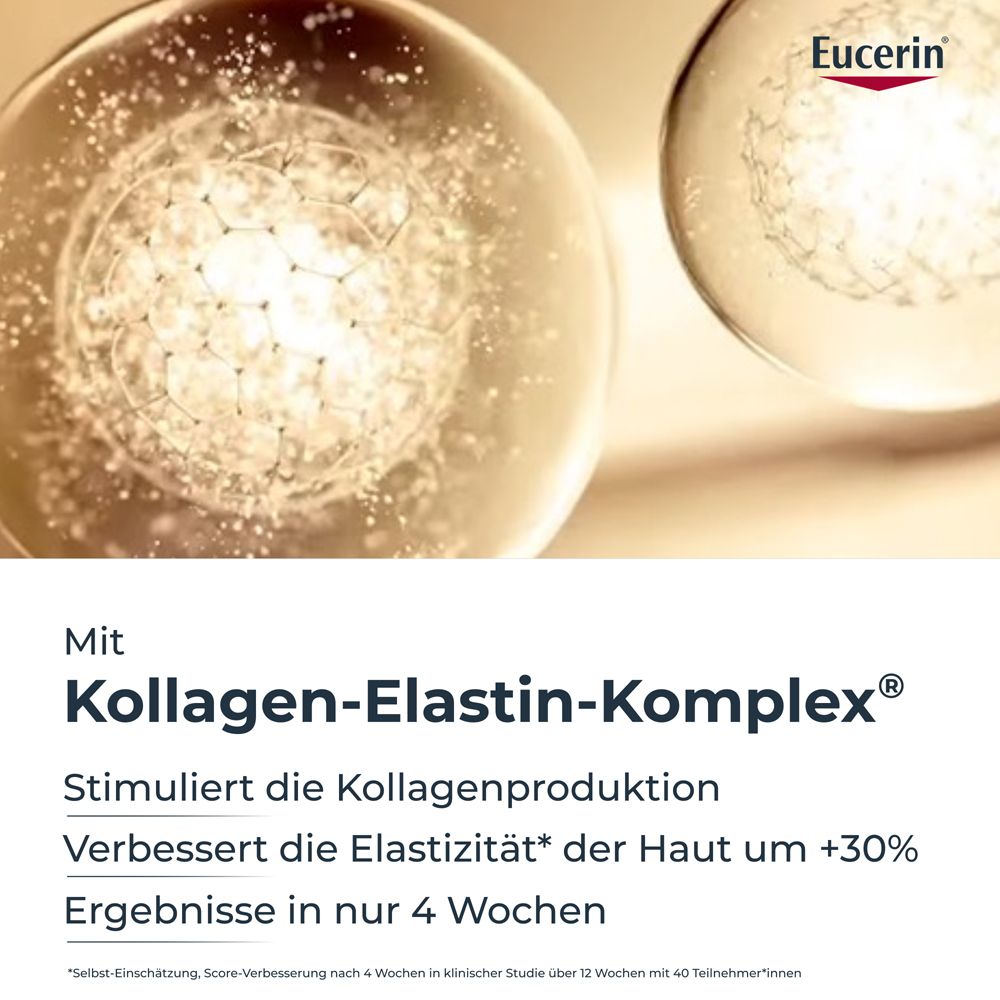 Gros plan sur des liquides. Texte: Complexe collagène-élastine. Stimule la production de collagène. Eucerin.