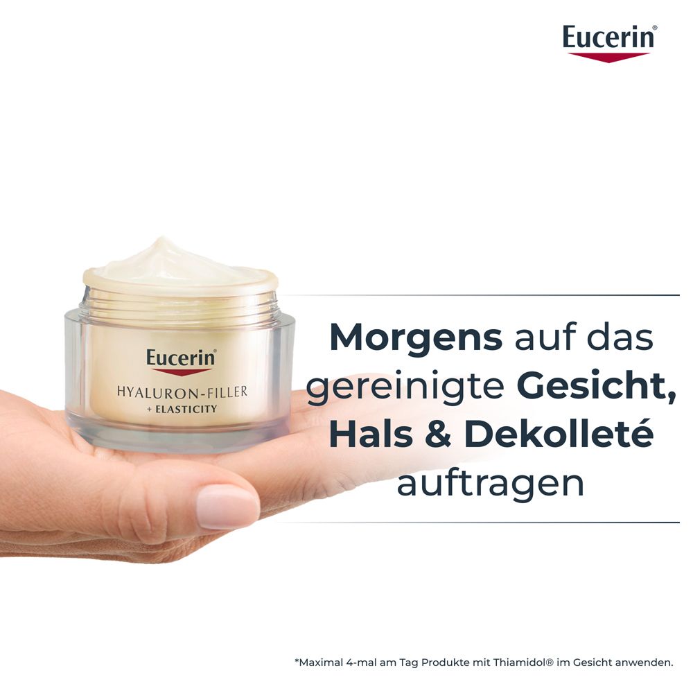 Main tenant un pot. Texte: Appliquer le matin sur le visage nettoyé, le cou et le décolleté. Eucerin.