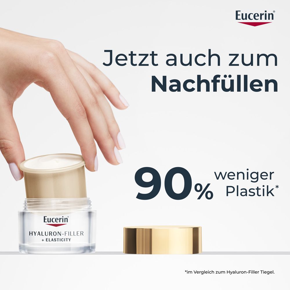 Main insérant une capsule de recharge dans un pot. Texte: Maintenant aussi pour le remplissage. 90% moins de plastique. Eucerin.