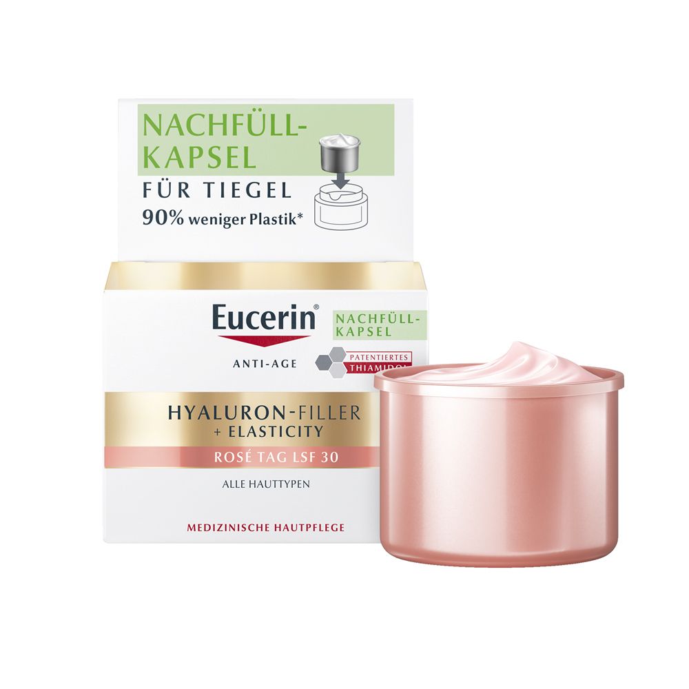 Capsule de recharge pour pot. Eucerin Hyaluron-Filler + Elasticity Rosé Tag LSF 30. 90% moins de plastique.