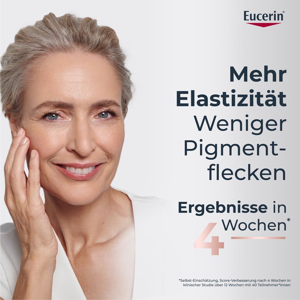 Femme avec peau. Texte : Plus d'élasticité, moins de taches pigmentaires. Résultats en 4 semaines. Eucerin.