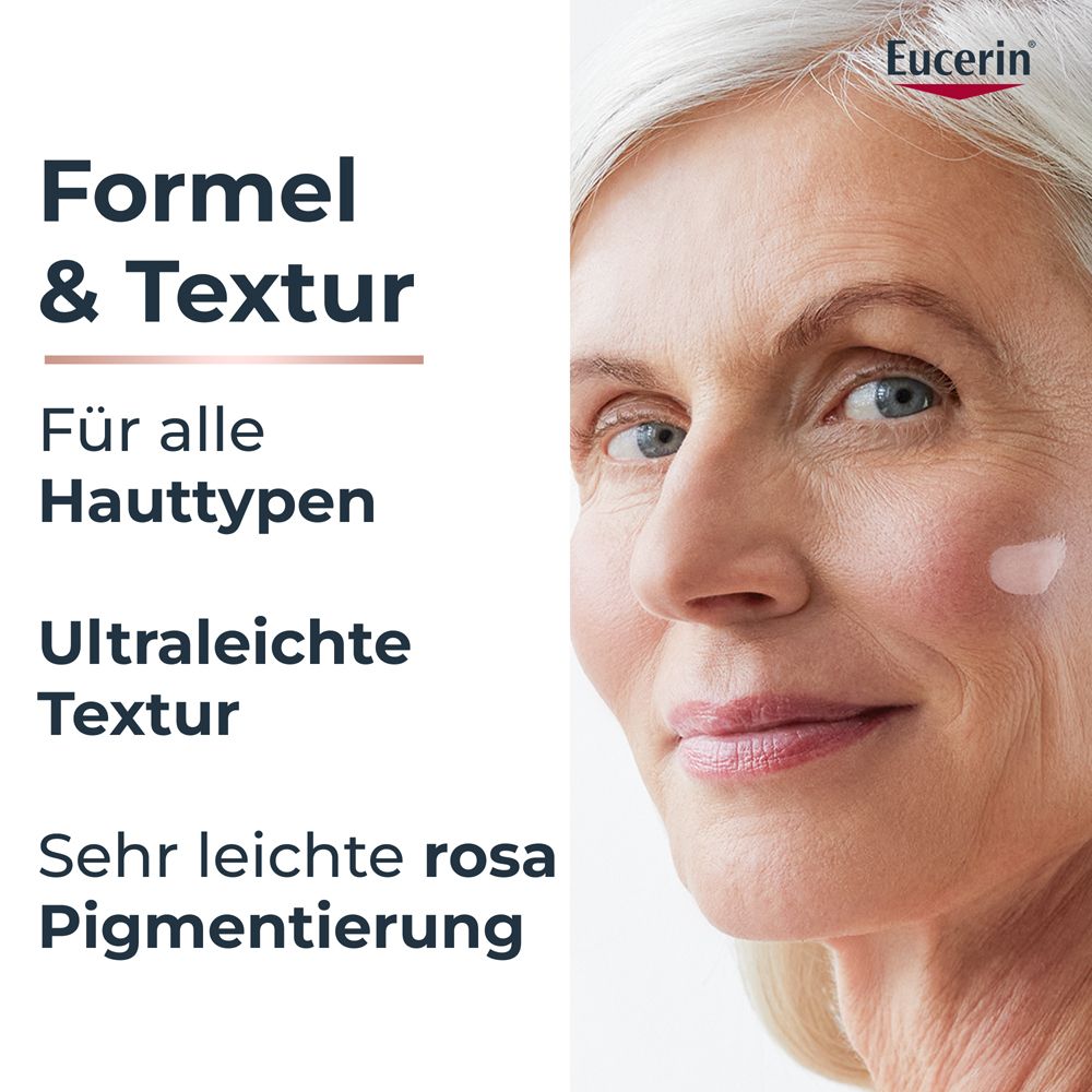 Femme avec peau. Texte : Formule & Texture. Pour tous les types de peau. Texture ultra-légère. Pigmentation rose très légère. Eucerin.