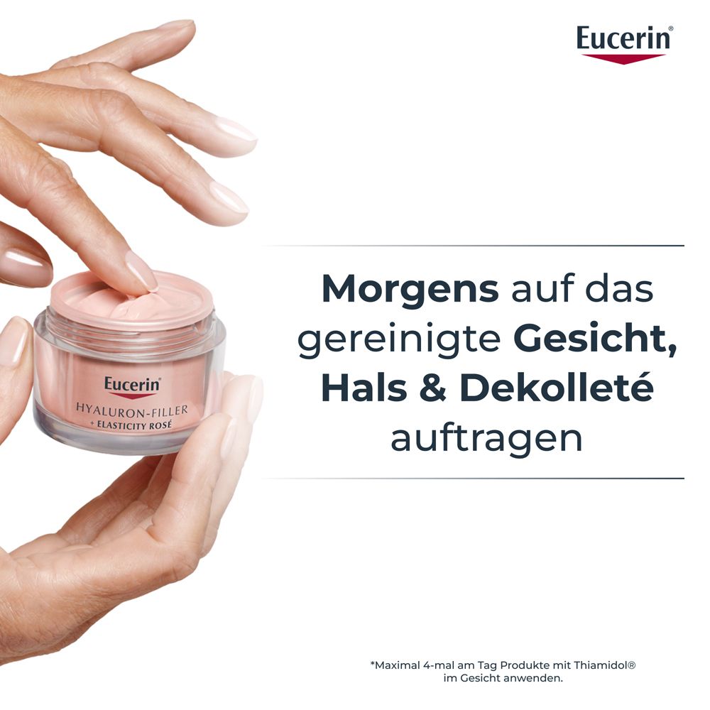 Mains tenant un pot. Texte : Appliquer le matin sur le visage, le cou et le décolleté nettoyés. Eucerin.