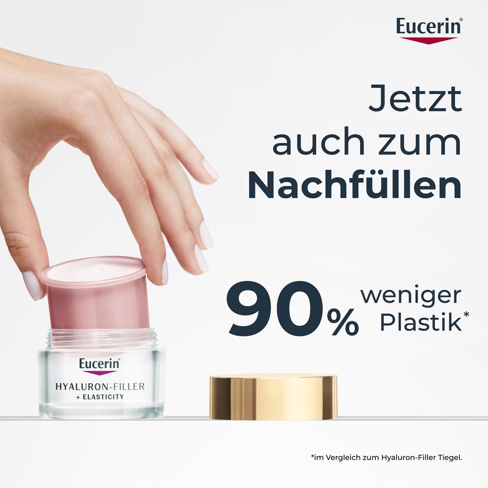 Mains tenant un pot et une capsule. Texte : Maintenant aussi pour le remplissage. 90% de plastique en moins. Eucerin.