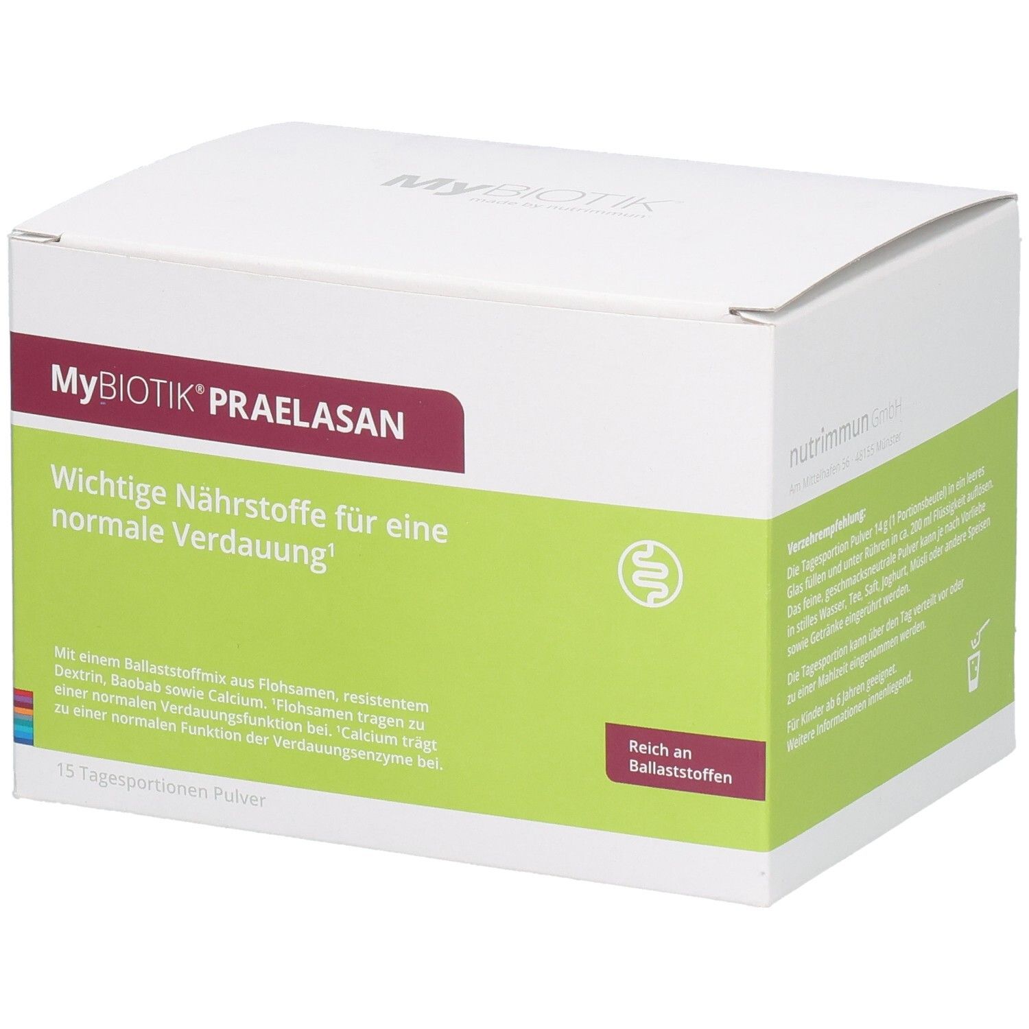 Boîte MYBIOTIK PRAELASAN. Bande rouge avec nom du produit. Zone verte avec texte. 15 portions de poudre.