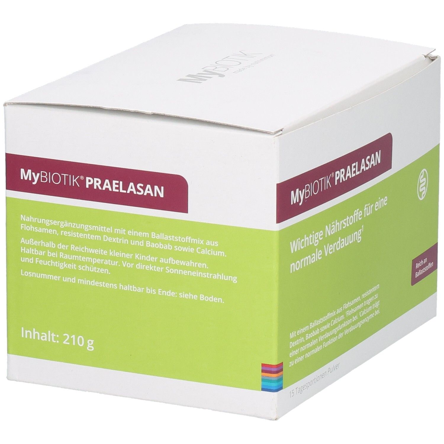 Boîte MYBIOTIK PRAELASAN. Bande rouge avec nom du produit. Zone verte avec texte. Contenu: 210 g.