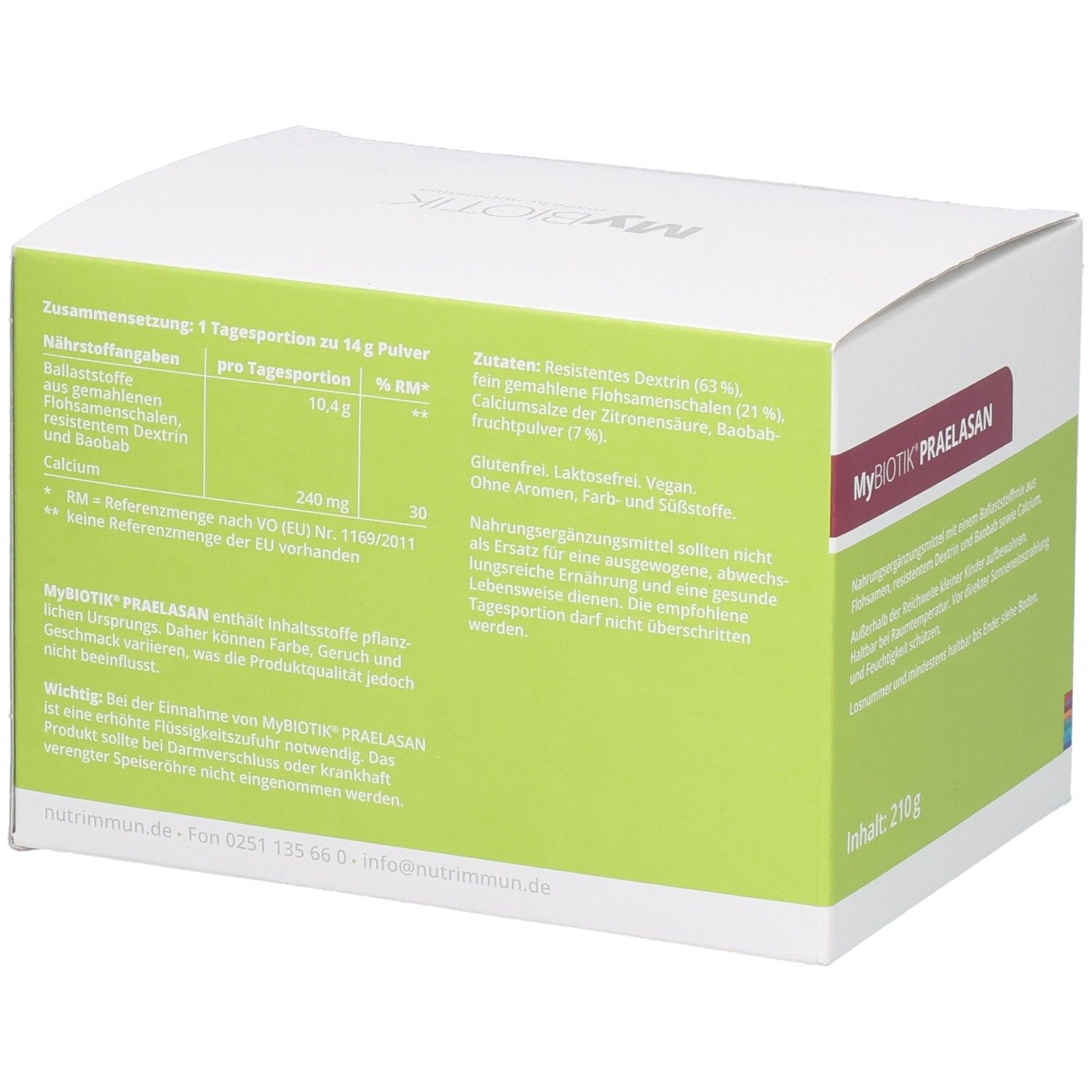 Boîte MYBIOTIK PRAELASAN. Dos avec informations nutritionnelles et ingrédients. Contenu: 210 g.