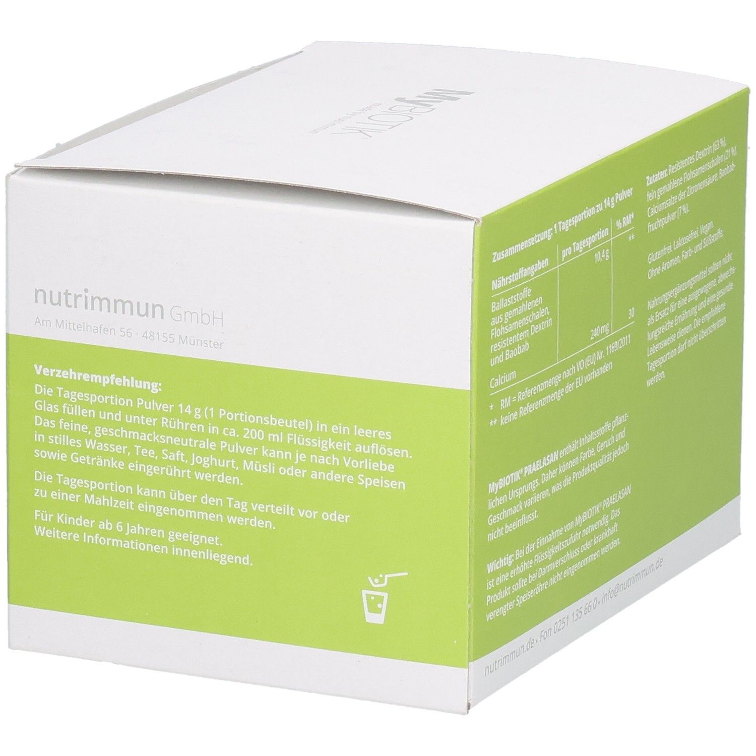 Boîte MYBIOTIK PRAELASAN. Côté avec recommandations d'utilisation. Logo nutrimmun GmbH.