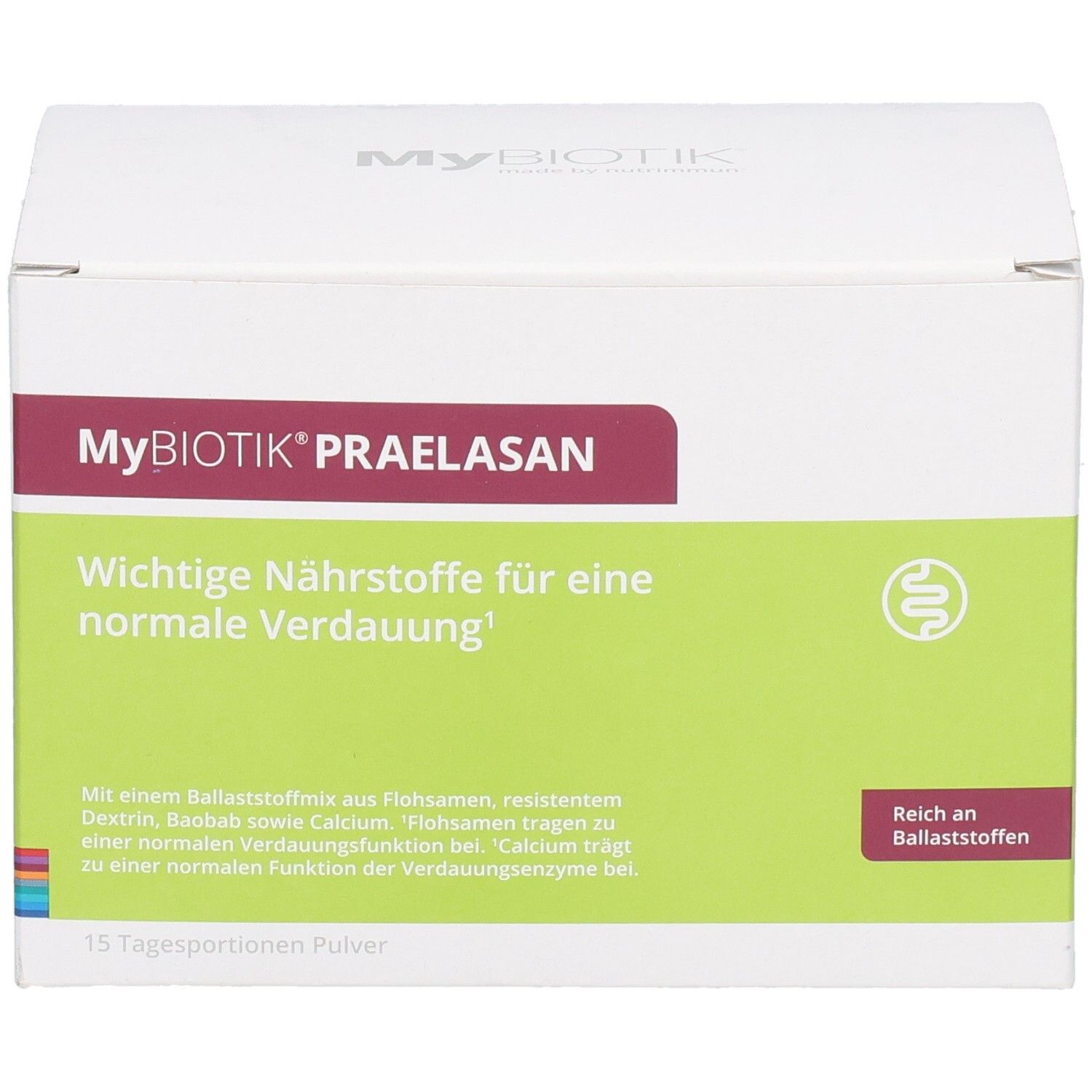 Boîte MYBIOTIK PRAELASAN. Bande rouge avec nom du produit. Zone verte avec texte. 15 portions de poudre.