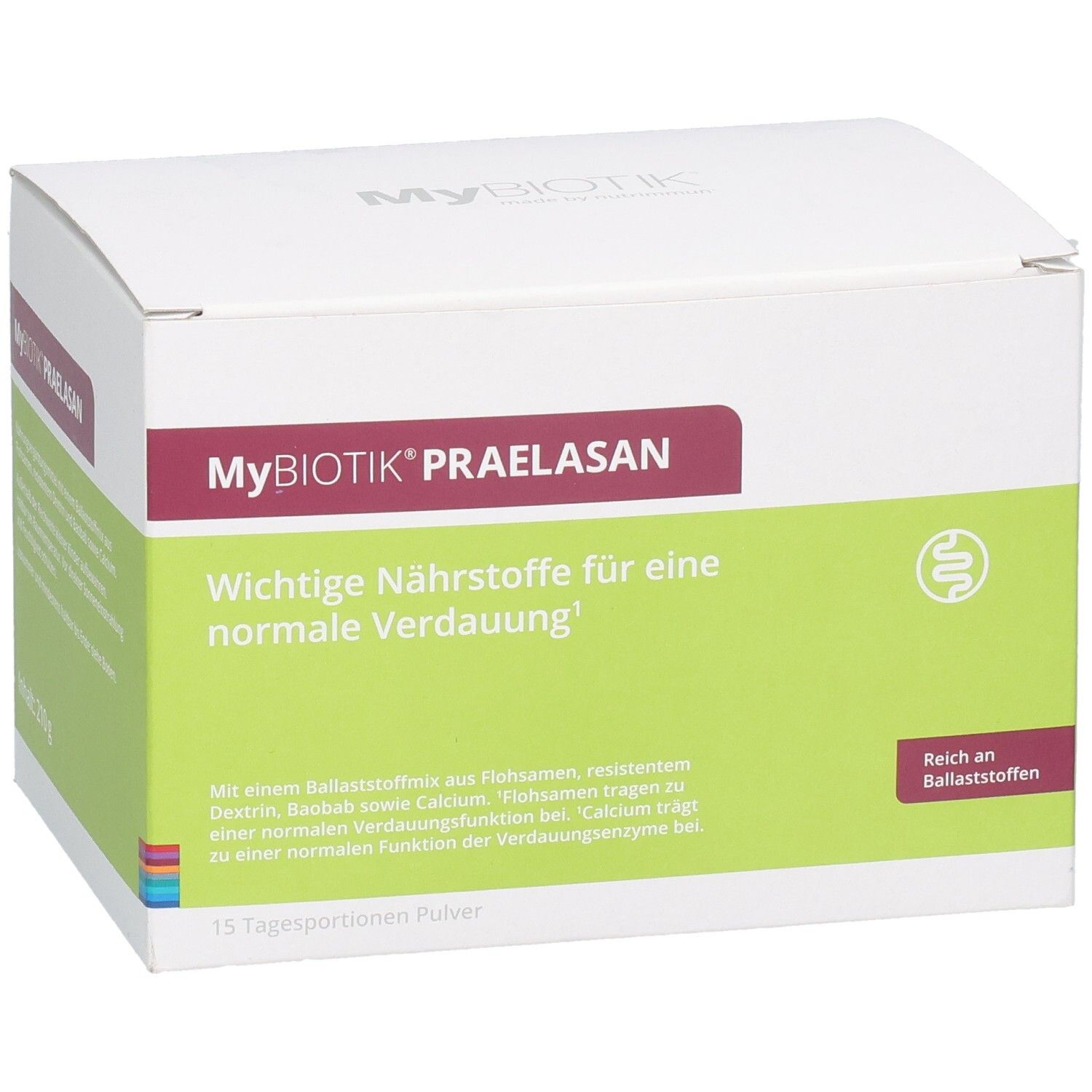 Boîte MYBIOTIK PRAELASAN. Bande rouge avec nom du produit. Zone verte avec texte. 15 portions de poudre.