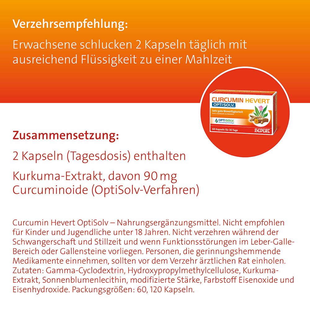 Text auf orangefarbenem Hintergrund. Informationen zu Dosierung, Inhaltsstoffen und Warnhinweisen für Curcumin Hevert Optisolv.