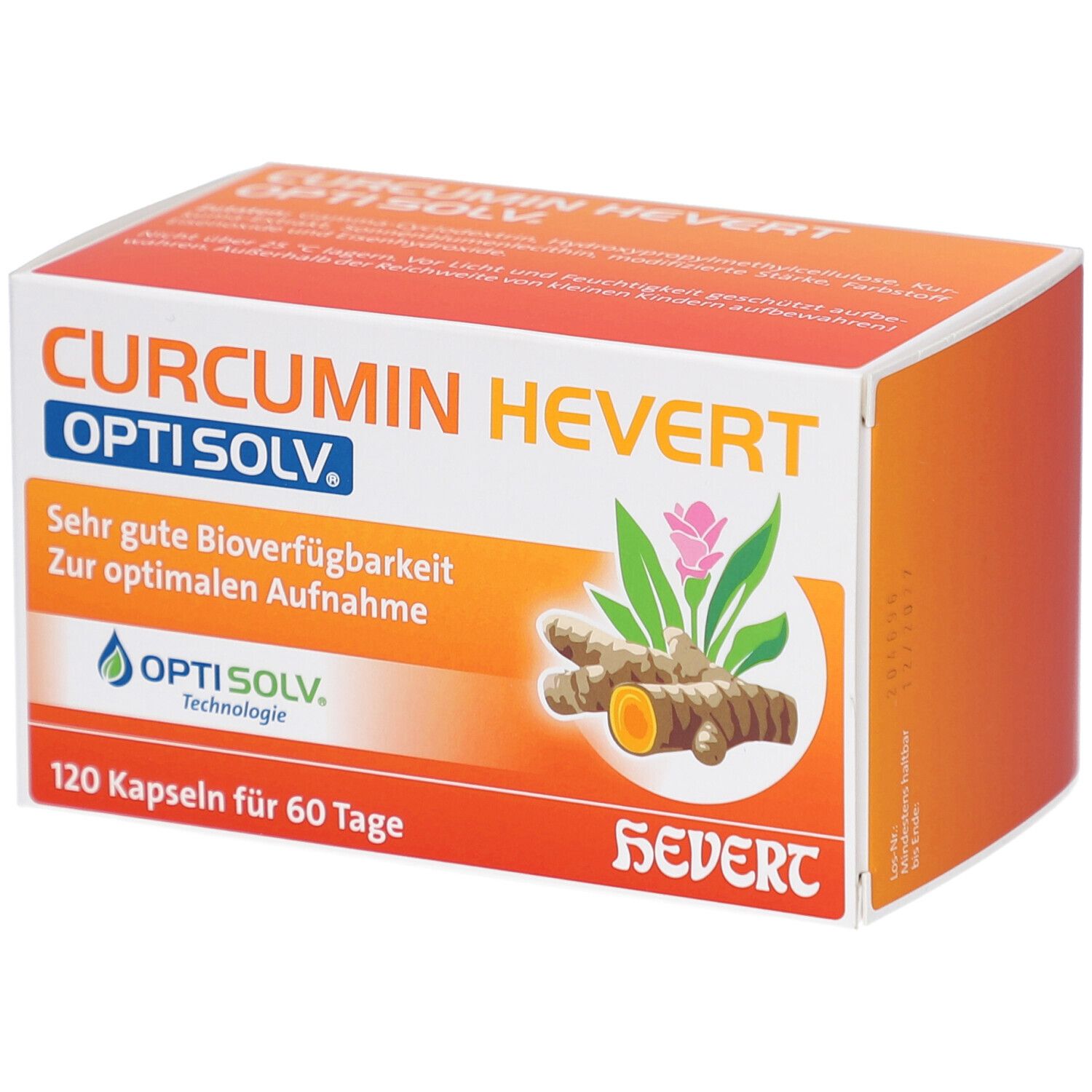 Boîte CURCUMIN HEVERT OptiSolv. Inscription: Très bonne biodisponibilité. 120 gélules pour 60 jours. Logo OptiSolv. Illustration de curcuma.