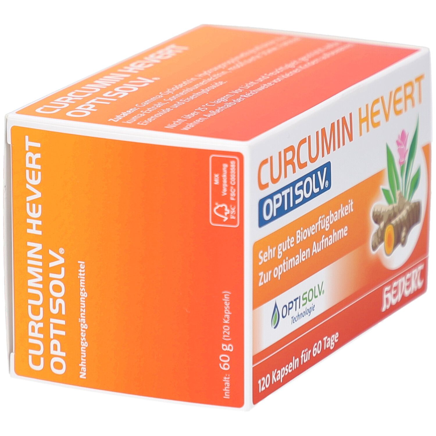Boîte CURCUMIN HEVERT OptiSolv. Inscription: Complément alimentaire. Contenu: 60 g (120 gélules). Logo OptiSolv. Illustration de curcuma.
