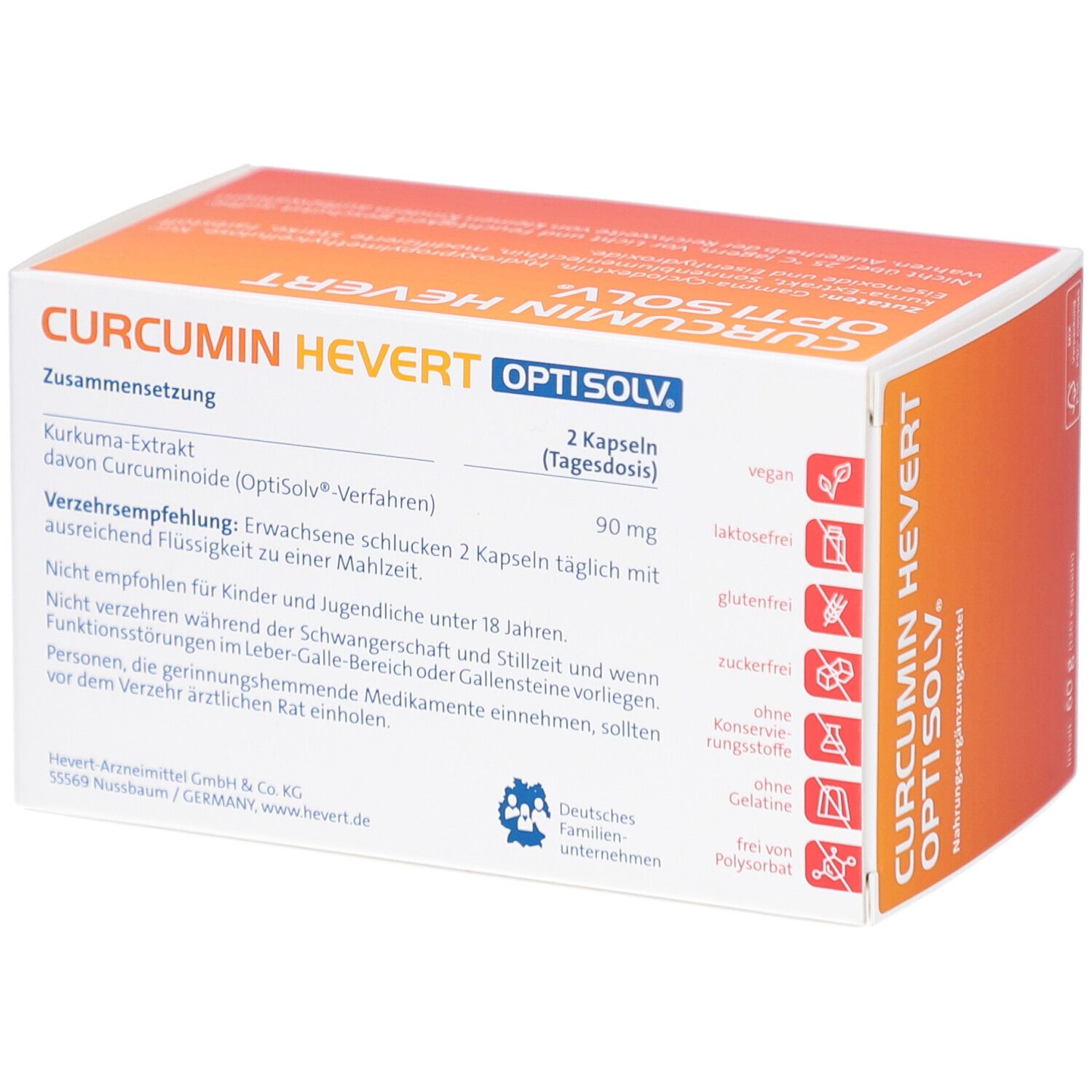 Boîte CURCUMIN HEVERT OptiSolv. Inscription: 2 gélules (dose journalière). Végétalien, sans lactose, sans gluten, sans sucre. Logo Entreprise familiale allemande.