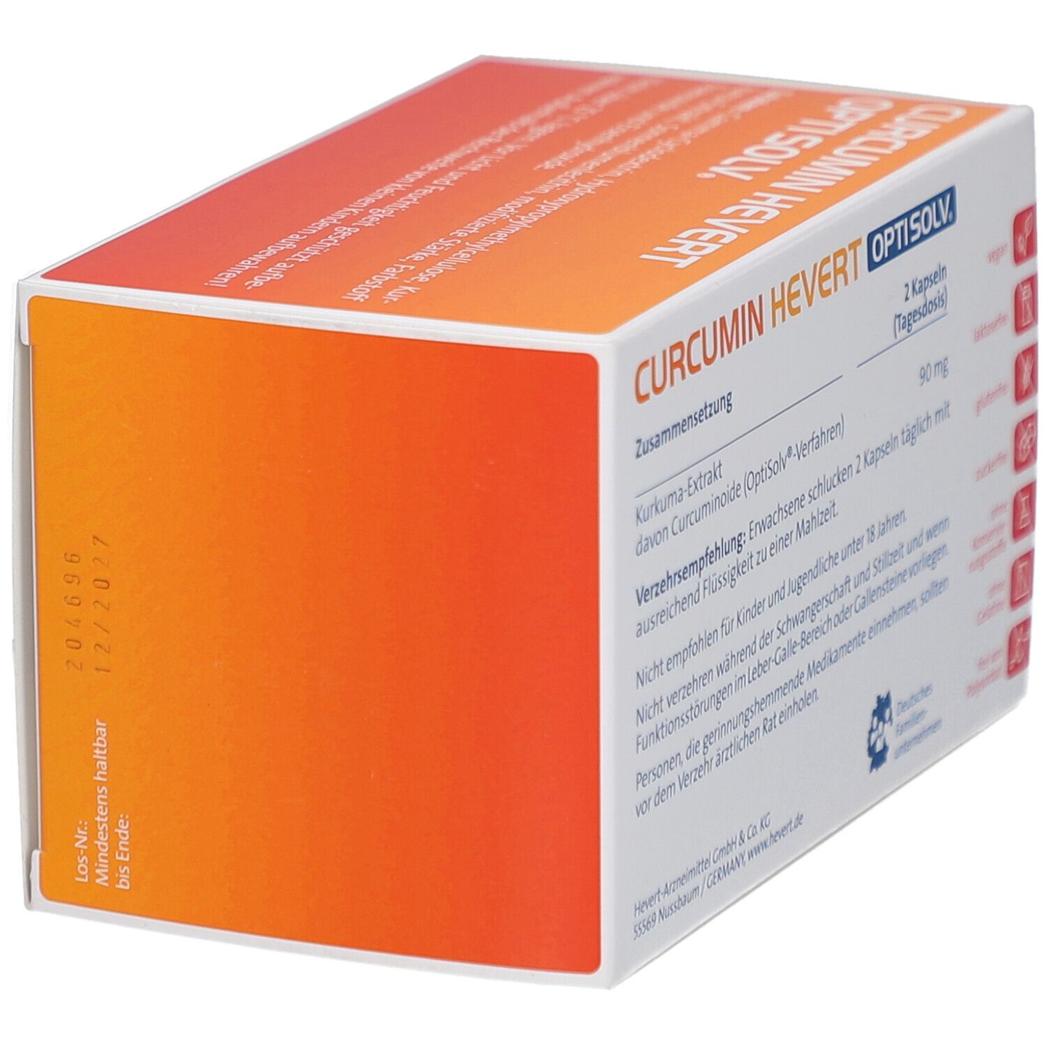 Boîte CURCUMIN HEVERT OptiSolv. Inscription: 2 gélules (dose journalière). A consommer de préférence avant 2026/09/07. Logo Entreprise familiale allemande.