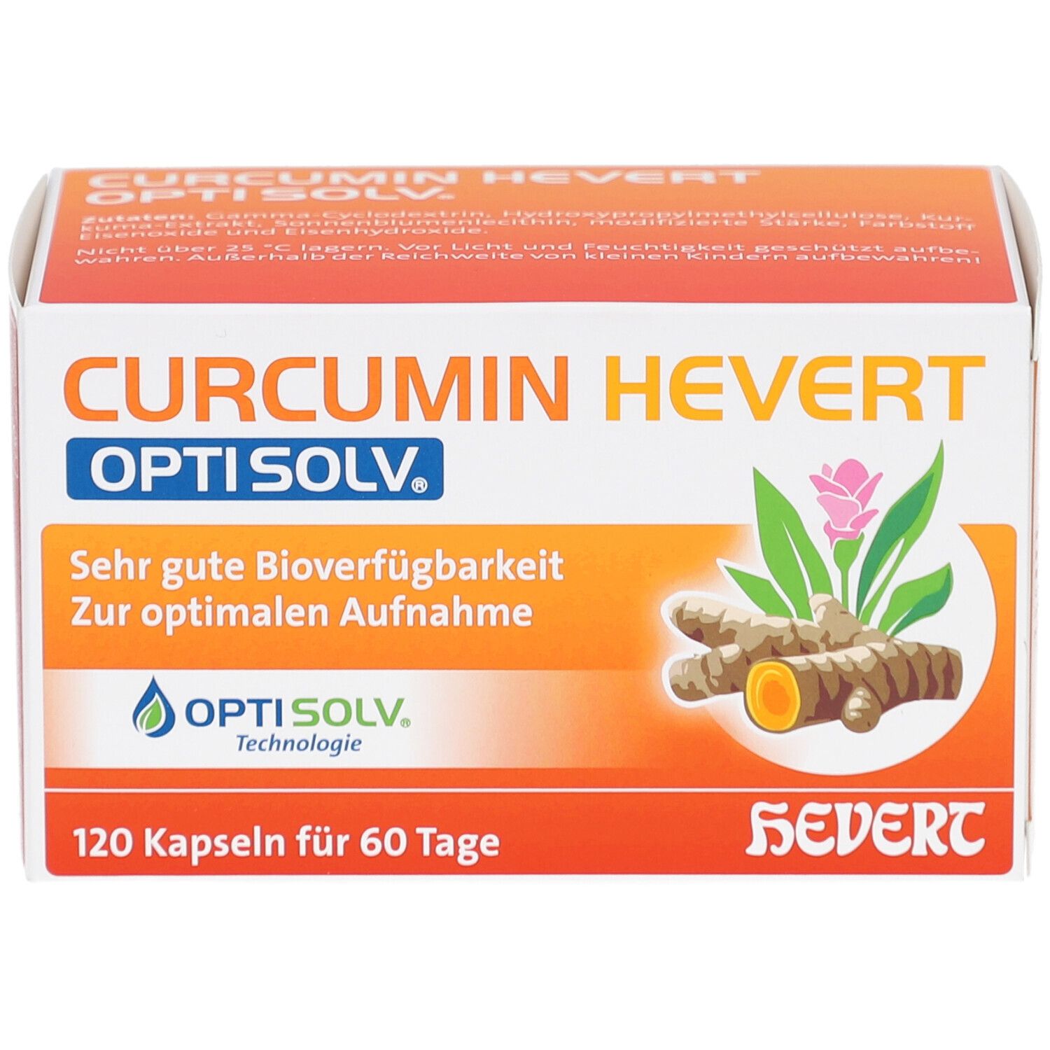 Boîte CURCUMIN HEVERT OptiSolv. Inscription: Très bonne biodisponibilité. 120 gélules pour 60 jours. Logo OptiSolv. Illustration de curcuma.