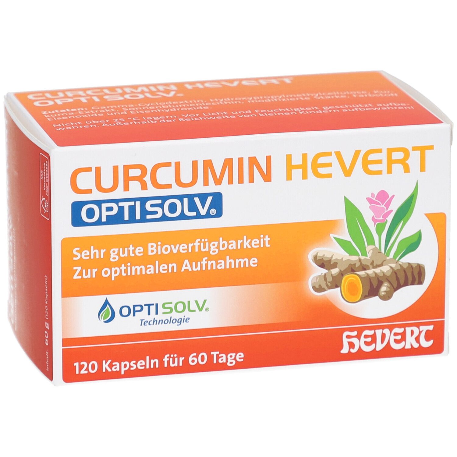 Boîte CURCUMIN HEVERT OptiSolv. Inscription: Très bonne biodisponibilité. 120 gélules pour 60 jours. Logo OptiSolv. Illustration de curcuma.