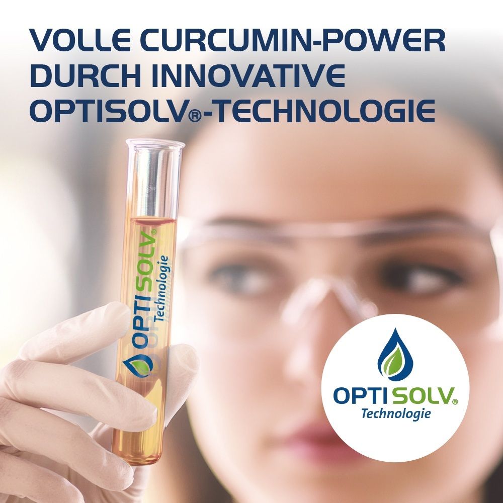 Laborantin hält ein Reagenzglas mit gelblicher Flüssigkeit, Optisolv-Technologie-Logo.