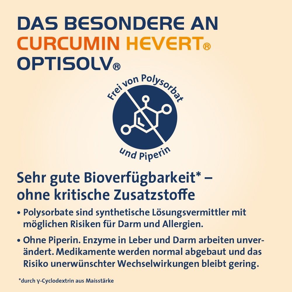 Symbol „Frei von Polysorbat und Piperin“ für Curcumin Hevert Optisolv.