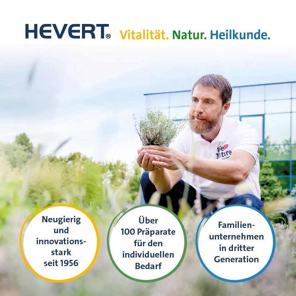 Mann mit Pflanze im Freien, Hevert-Logo, Kreise mit Text zu Unternehmenswerten.