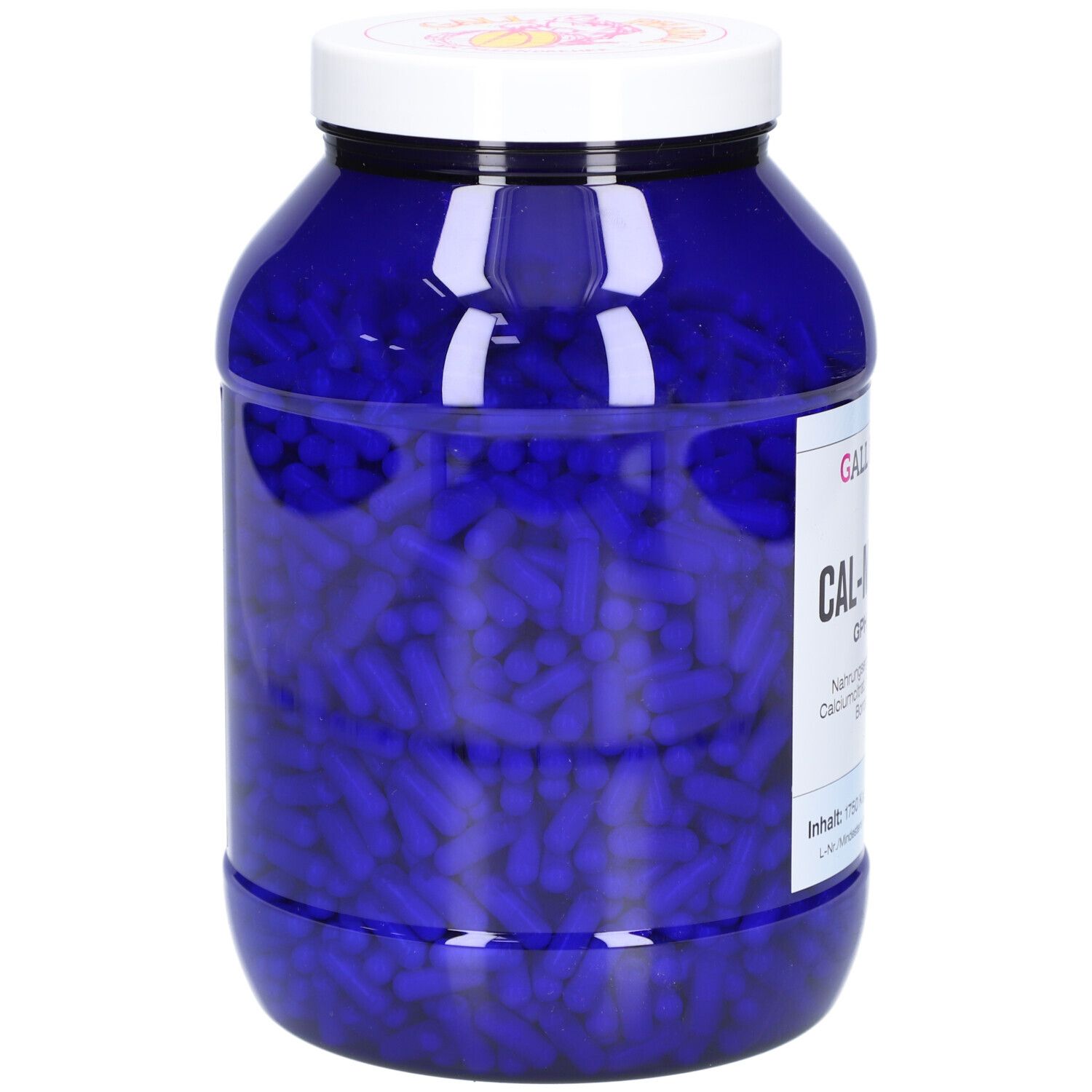 Boîte bleue avec couvercle blanc. Gélules bleues visibles. Inscription: CAL-MAG-BOR GPH Kapseln.
