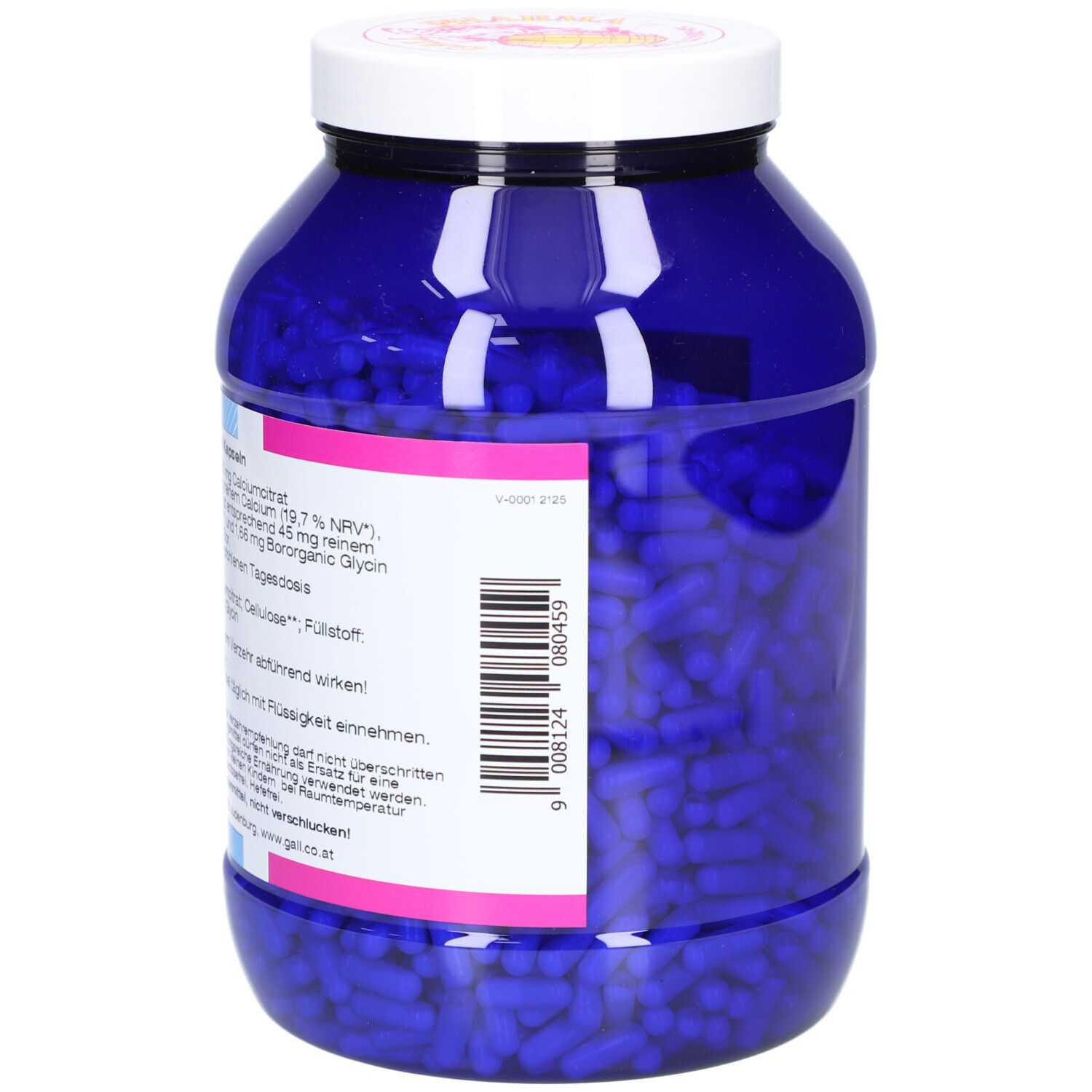 Boîte bleue avec couvercle blanc. Autocollant avec informations. Code-barres. Inscription: CAL-MAG-BOR GPH Kapseln.