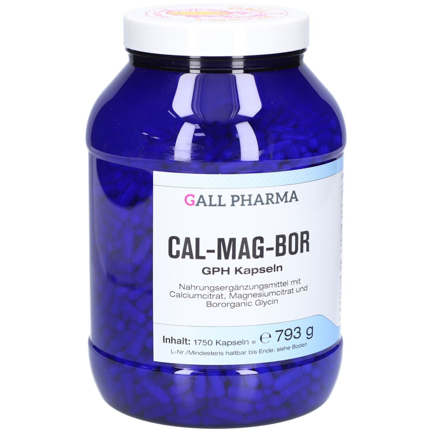 Boîte bleue avec couvercle blanc. Inscription: CAL-MAG-BOR GPH Kapseln. Contenu: 1750 gélules.