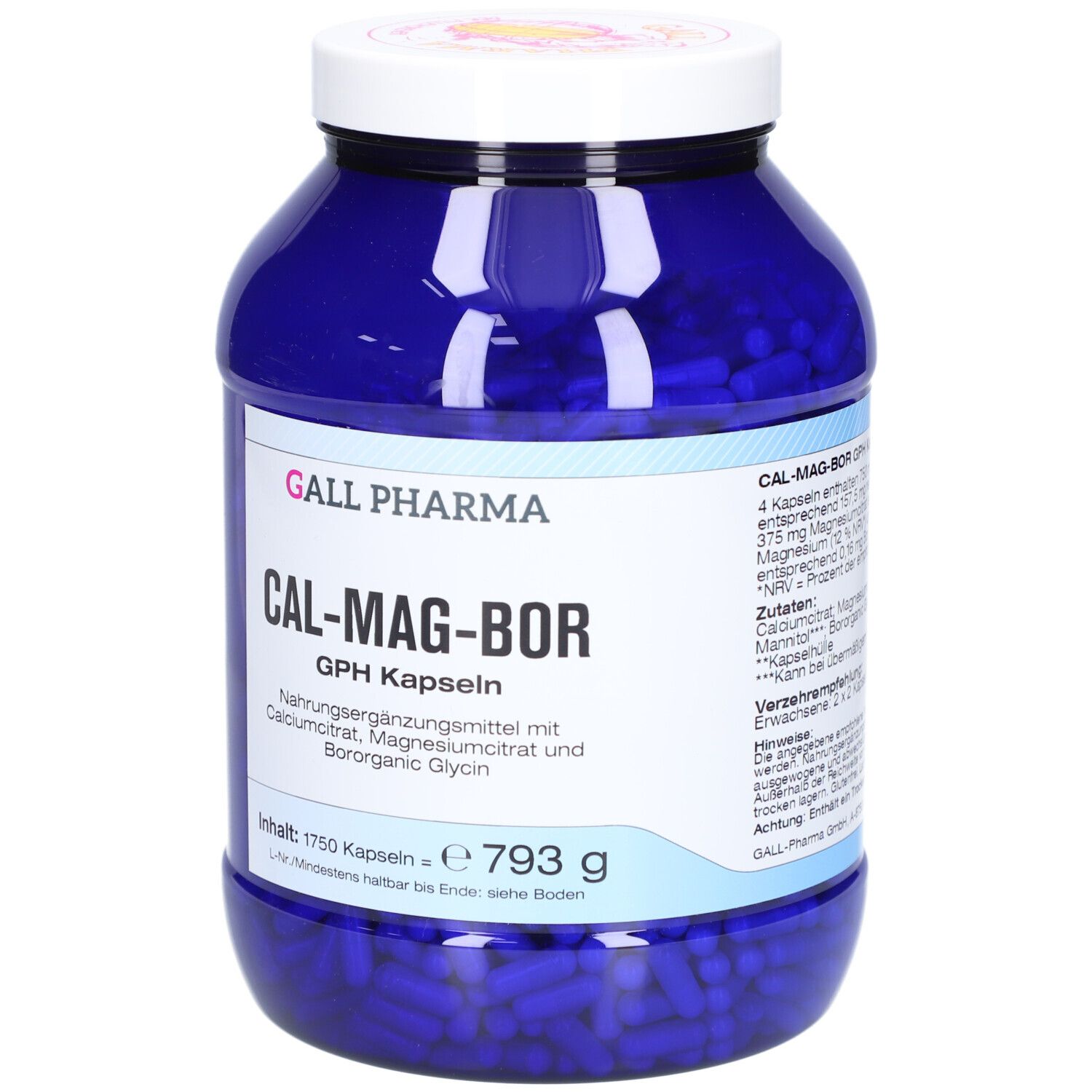 Boîte bleue avec couvercle blanc. Inscription: CAL-MAG-BOR GPH Kapseln. Contenu: 1750 gélules. Détails.