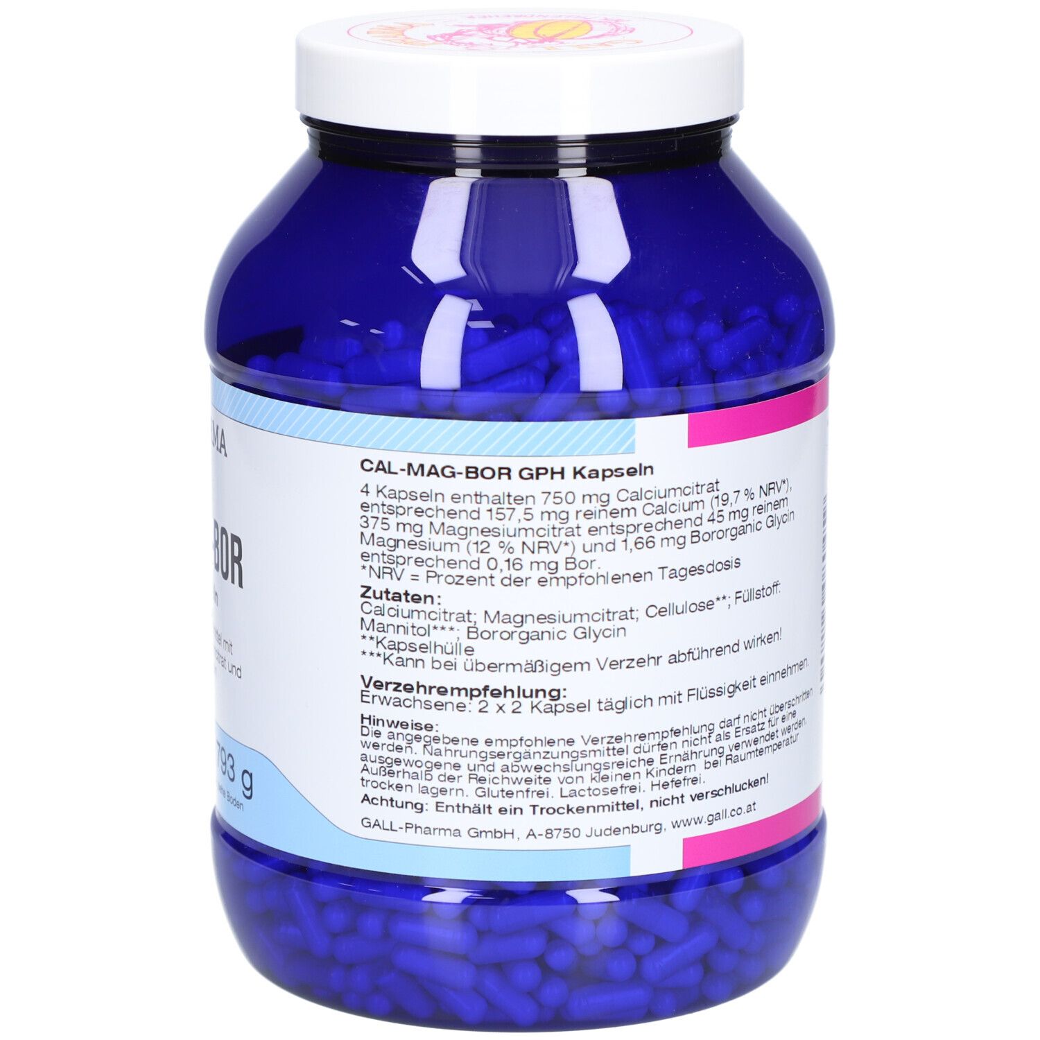 Boîte bleue avec couvercle blanc. Autocollant avec informations. Inscription: CAL-MAG-BOR GPH Kapseln. Contenu: 1750 gélules.
