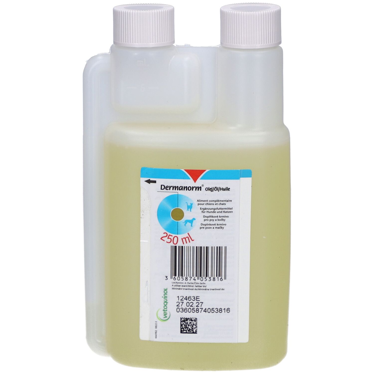 Flasche mit gelblicher Flüssigkeit. Etikett mit Produktnamen, Logo, Inhaltsangabe und Barcode. Zwei weiße Schraubverschlüsse.