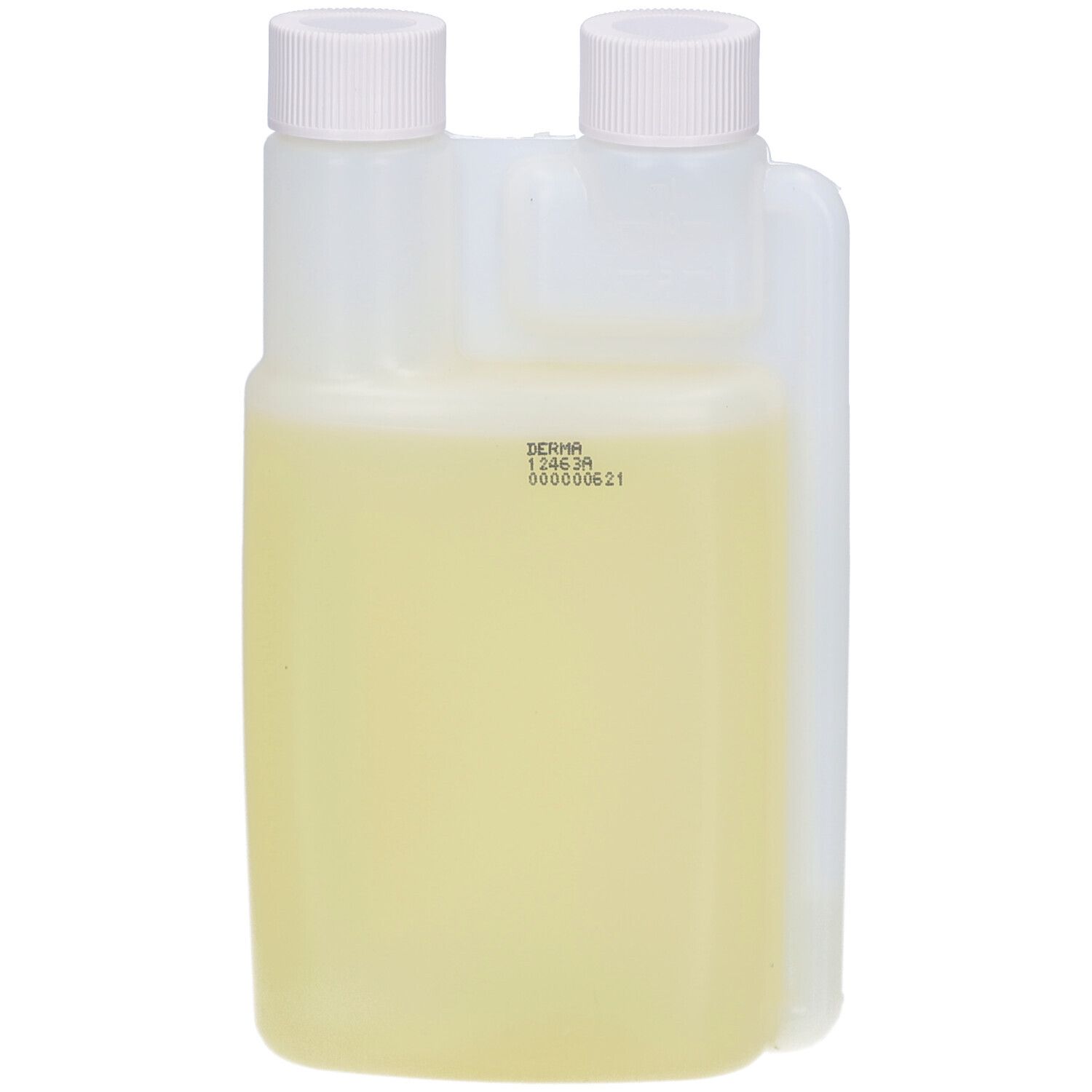 Flasche mit gelblicher Flüssigkeit und zwei weißen Schraubverschlüssen. Aufdruck mit Chargennummer und Datum.