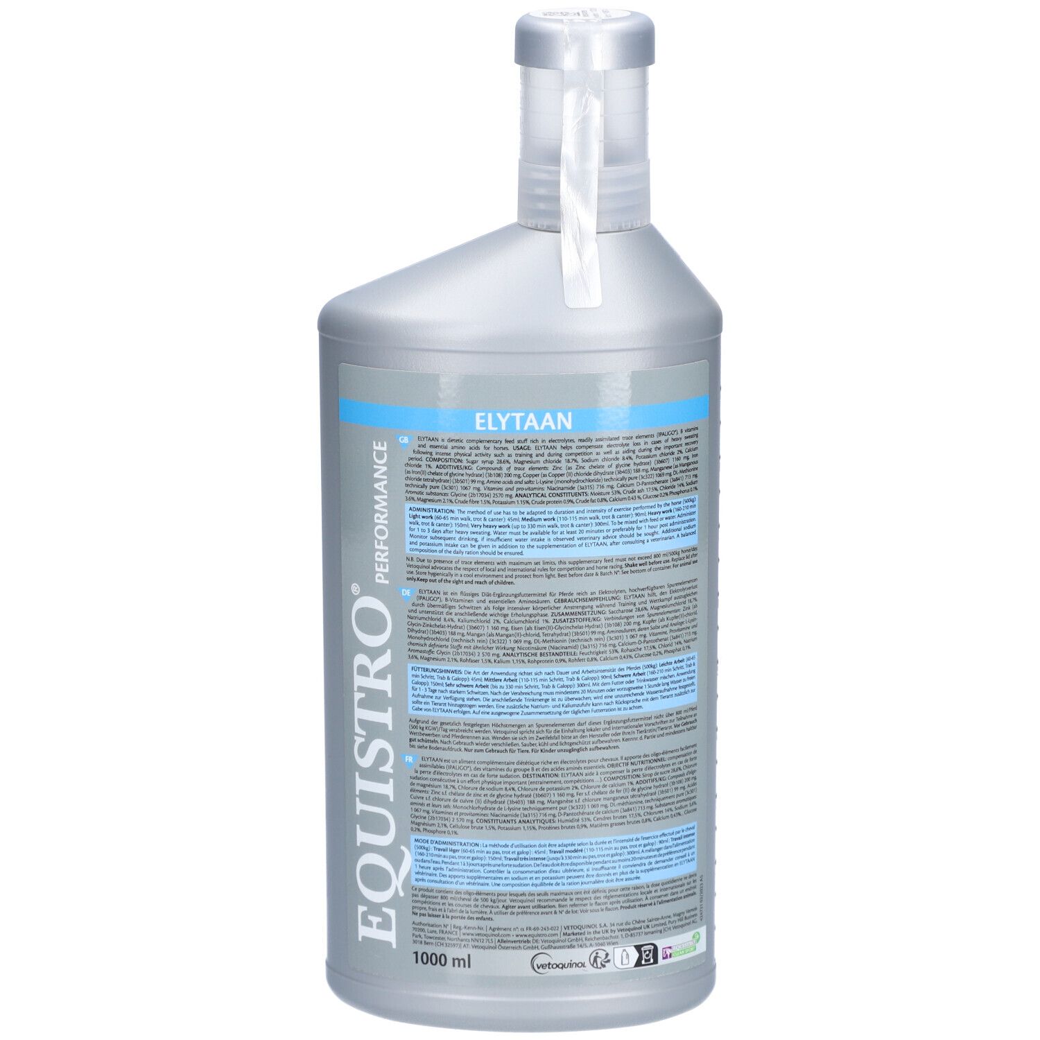 Flacon EQUISTRO Elytaan. Solution électrolytique. Dos avec texte. 1000 ml.