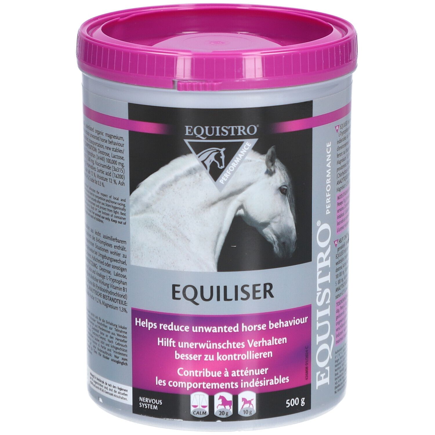 Eimer EQUISTRO® Equiliser mit rosa Deckel. Produktname und Pferd-Logo. Text: Hilft unerwünschtes Verhalten zu kontrollieren.