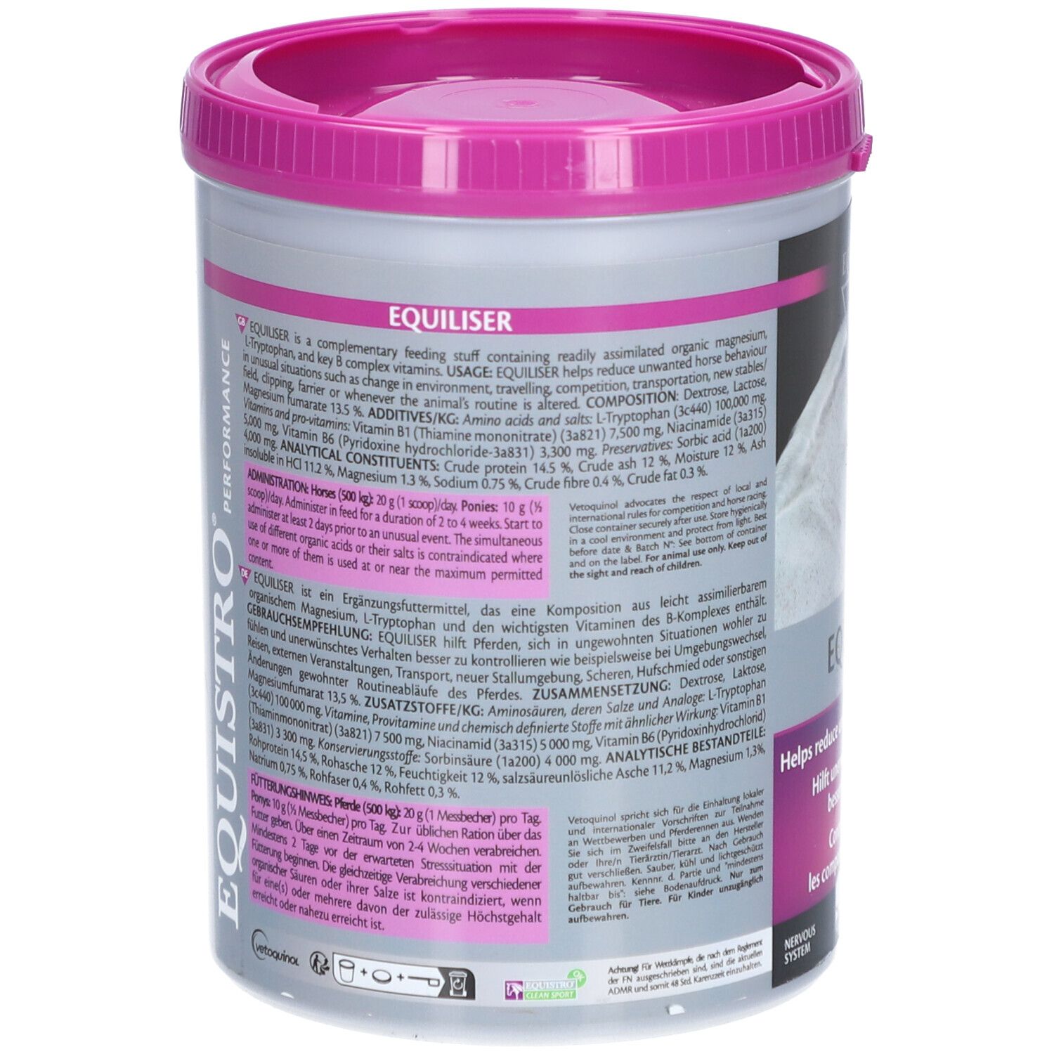 Rückseite des Eimers EQUISTRO® Equiliser. Text mit Inhaltsstoffen und Anwendungshinweisen. Rosa Deckel und grauer Eimer.