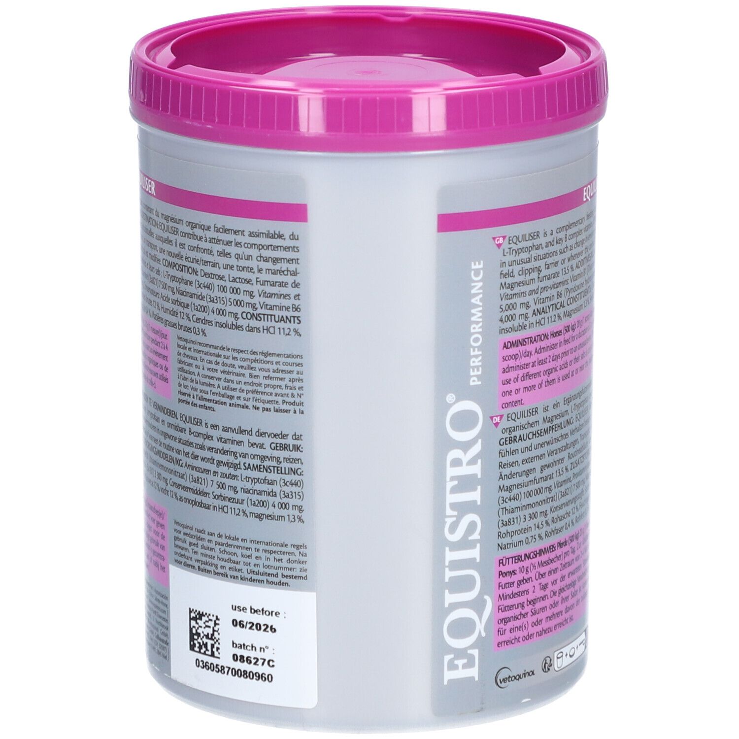 Rückseite des Eimers EQUISTRO® Equiliser. Text mit Inhaltsstoffen und Anwendungshinweisen. Rosa Deckel und grauer Eimer.