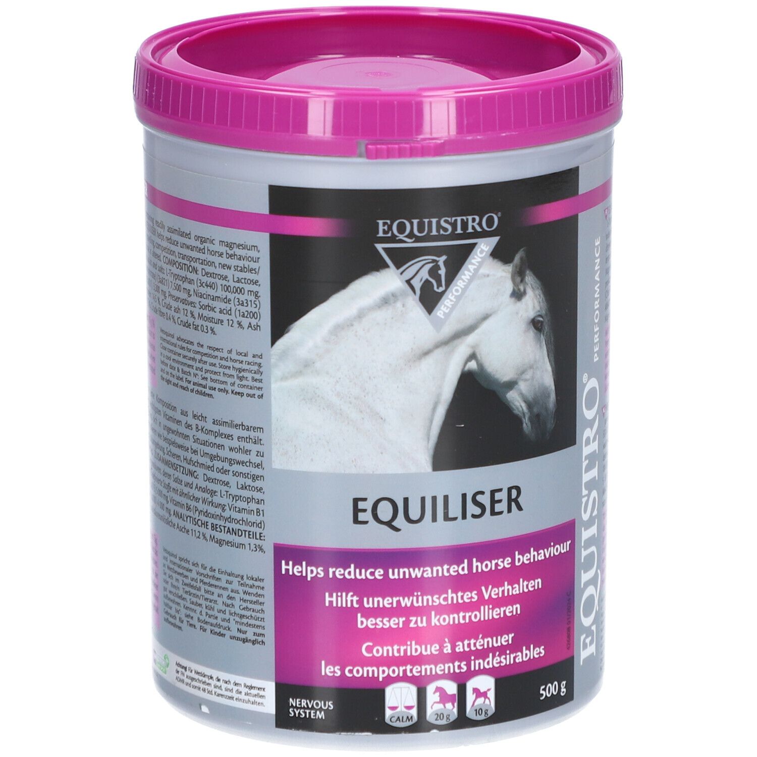 Eimer EQUISTRO® Equiliser mit rosa Deckel. Produktname und Pferd-Logo. Text: Hilft unerwünschtes Verhalten zu kontrollieren.