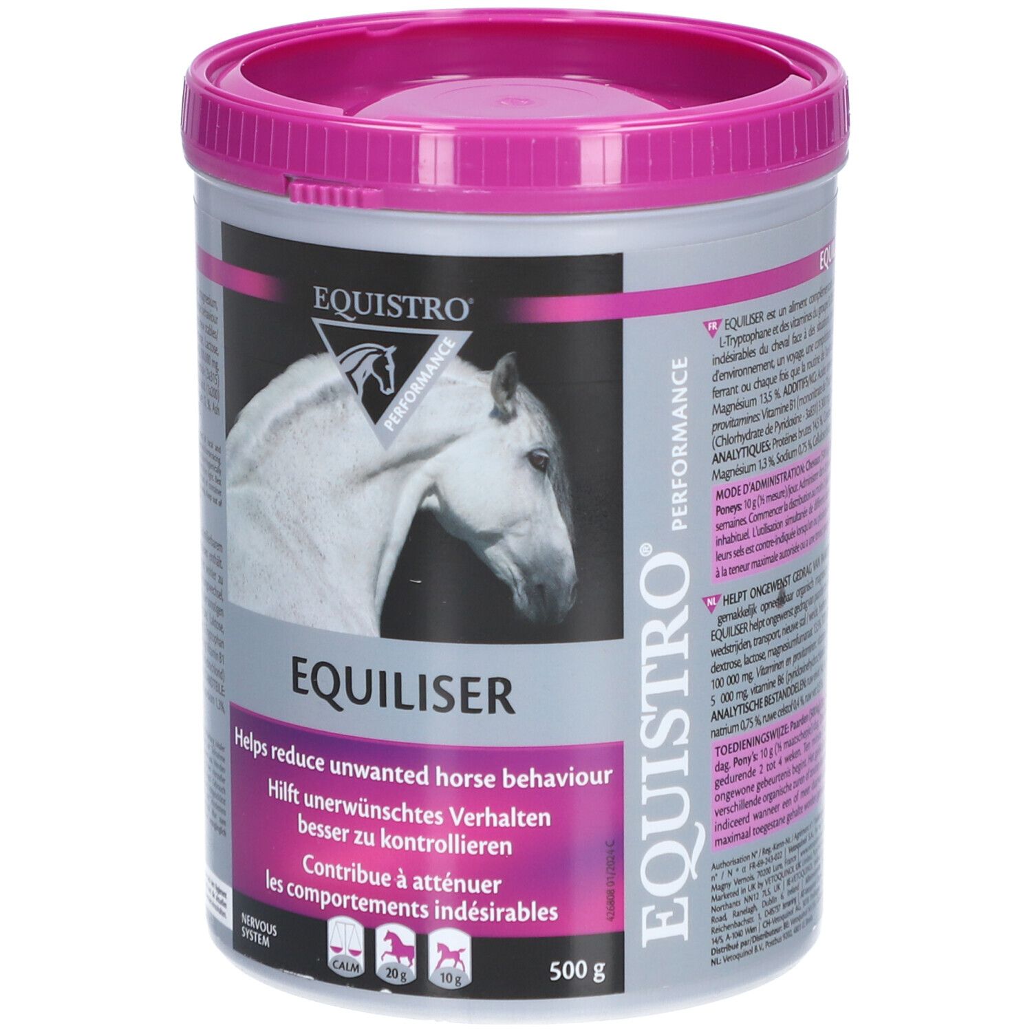 Eimer EQUISTRO® Equiliser mit rosa Deckel. Produktname und Pferd-Logo. Text: Hilft unerwünschtes Verhalten zu kontrollieren.