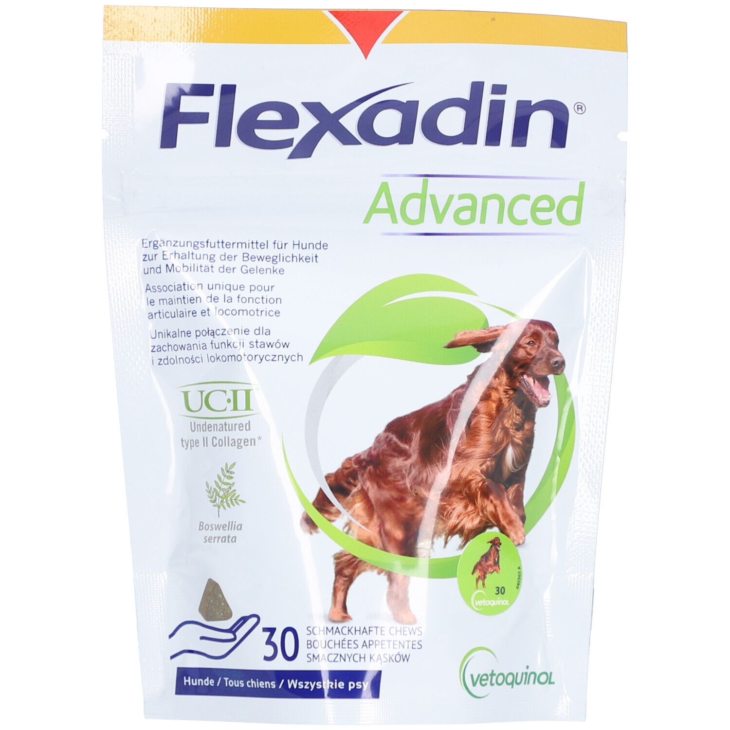Flexadin Advanced Beutel. Abbildung eines Hundes. Enthält 30 schmackhafte Chews. Vetoquinol Logo.