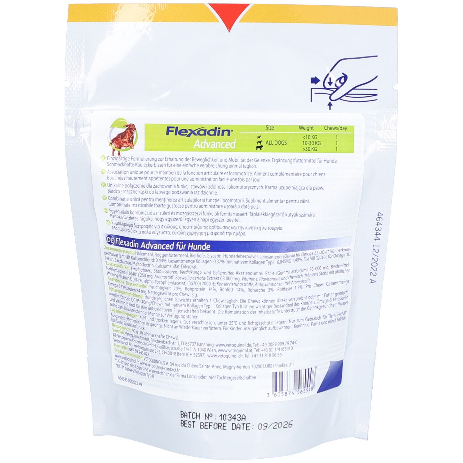 Rückseite der Flexadin Advanced Verpackung. Enthält Informationen zu Inhaltsstoffen und Dosierung. Mindesthaltbarkeitsdatum.