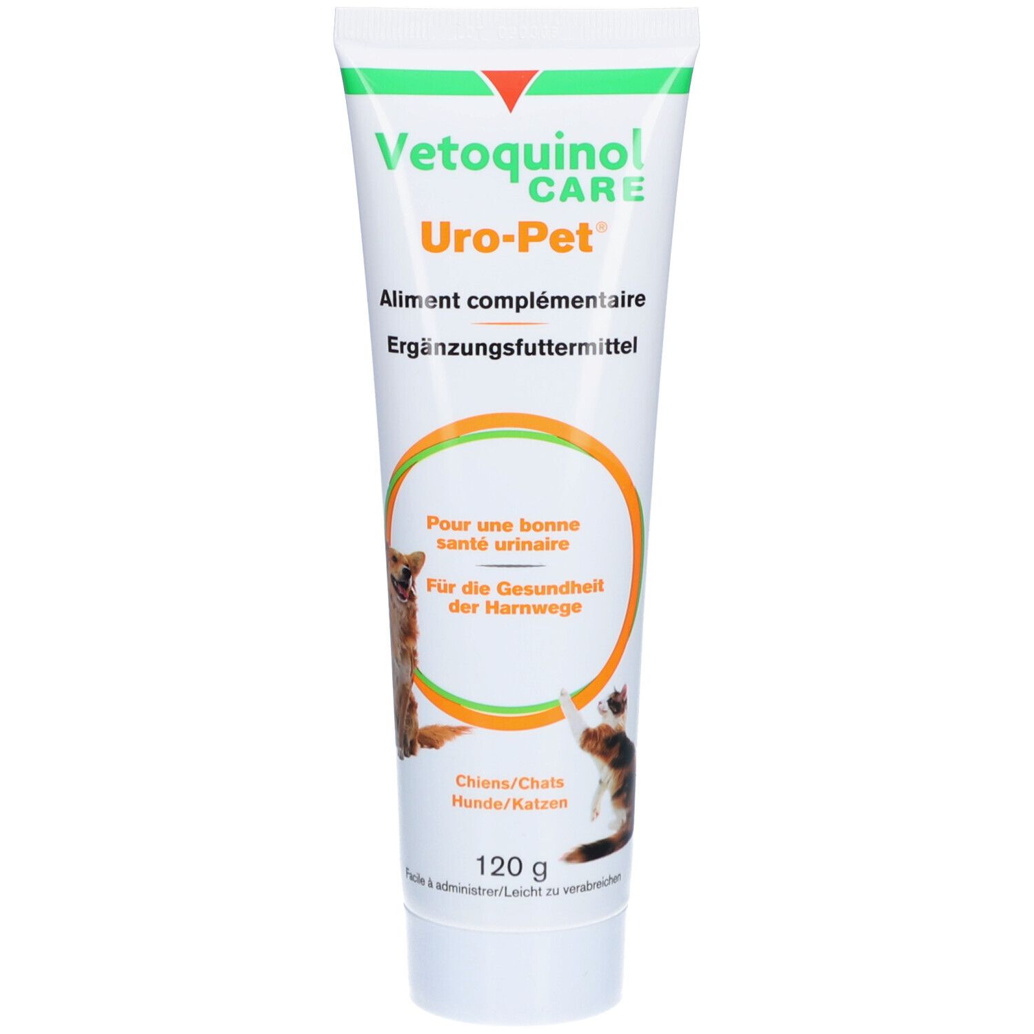 Tube Uro-Pet. Blanc, vert et orange. Texte et images de chien et chat. 120 g.
