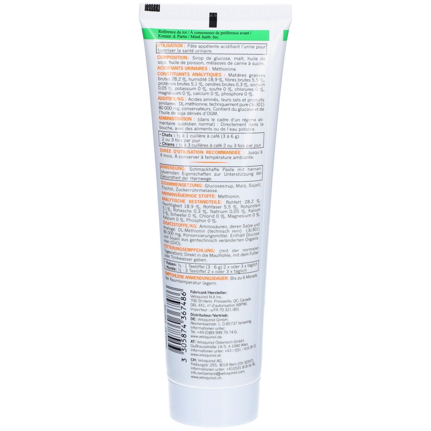 Dos du tube Uro-Pet. Texte multilingue. Ingrédients et instructions d'utilisation.