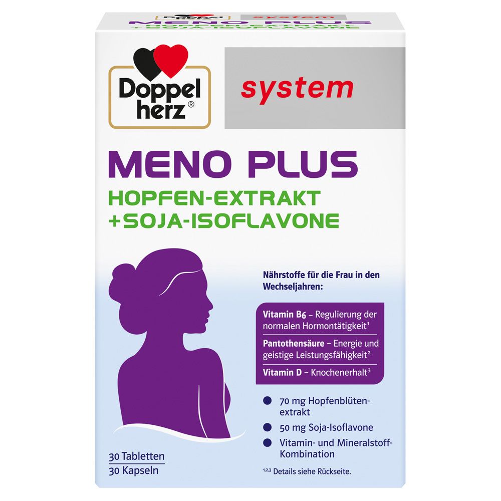 Verpackung von Doppelherz Meno Plus. Enthält 30 Tabletten und 30 Kapseln. Enthält Hopfen-Extrakt und Soja-Isoflavone.