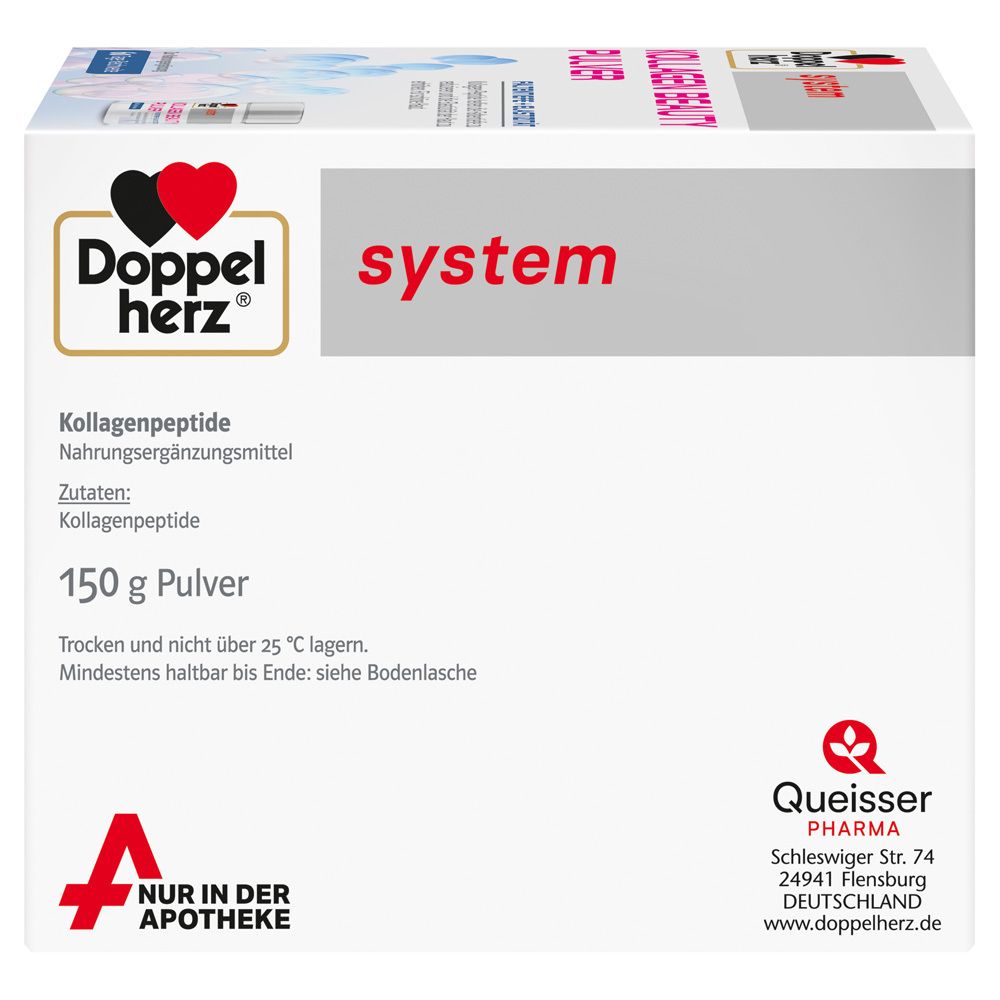 Karton Doppelherz system Kollagen Beauty Pulver. Text: 150 g Pulver. Queisser Pharma.