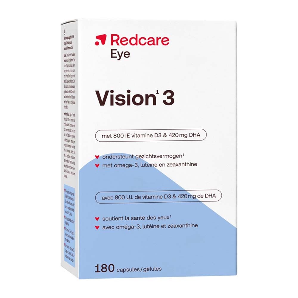 Redcare Eye Vision 3. Weiße Schachtel mit Produktinformationen. Enthält 180 Kapseln. Aufschrift: Vision 3, mit Vitamin D3 und DHA.