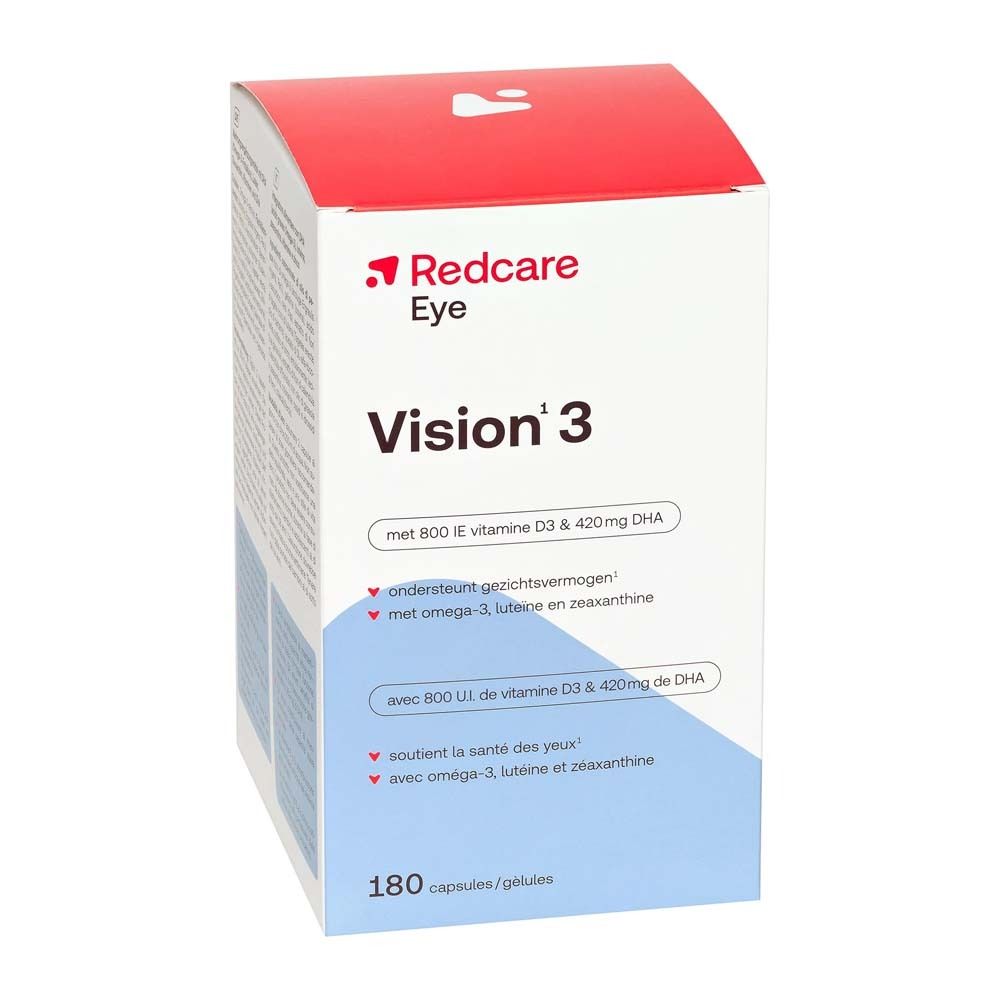 Boîte Redcare Eye Vision 3. Contient 180 gélules. Inscription: Vision 3, avec vitamine D3 & DHA.