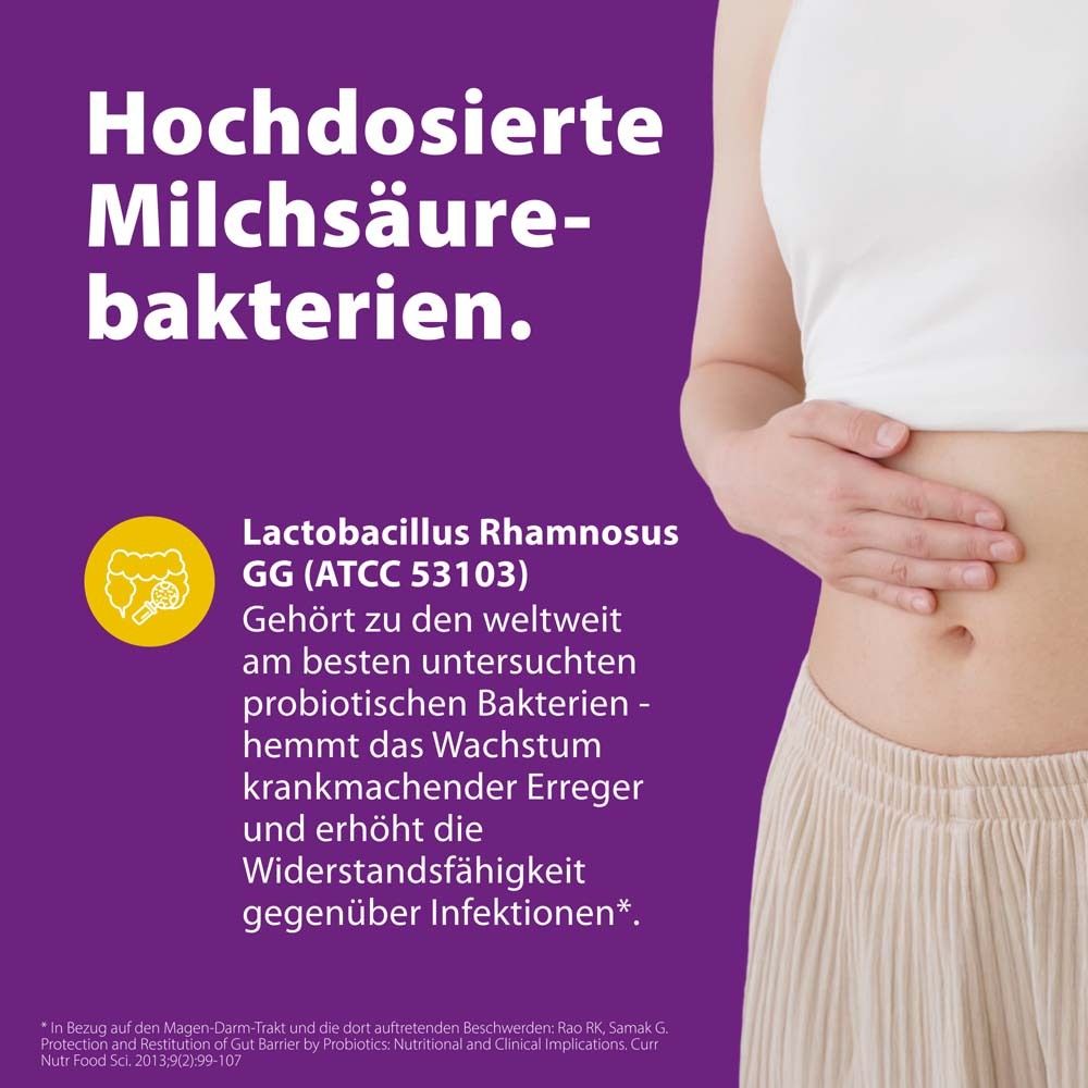 Text: Hochdosierte Milchsäurebakterien. Lactobacillus Rhamnosus GG. Gehört zu den besten probiotischen Bakterien.