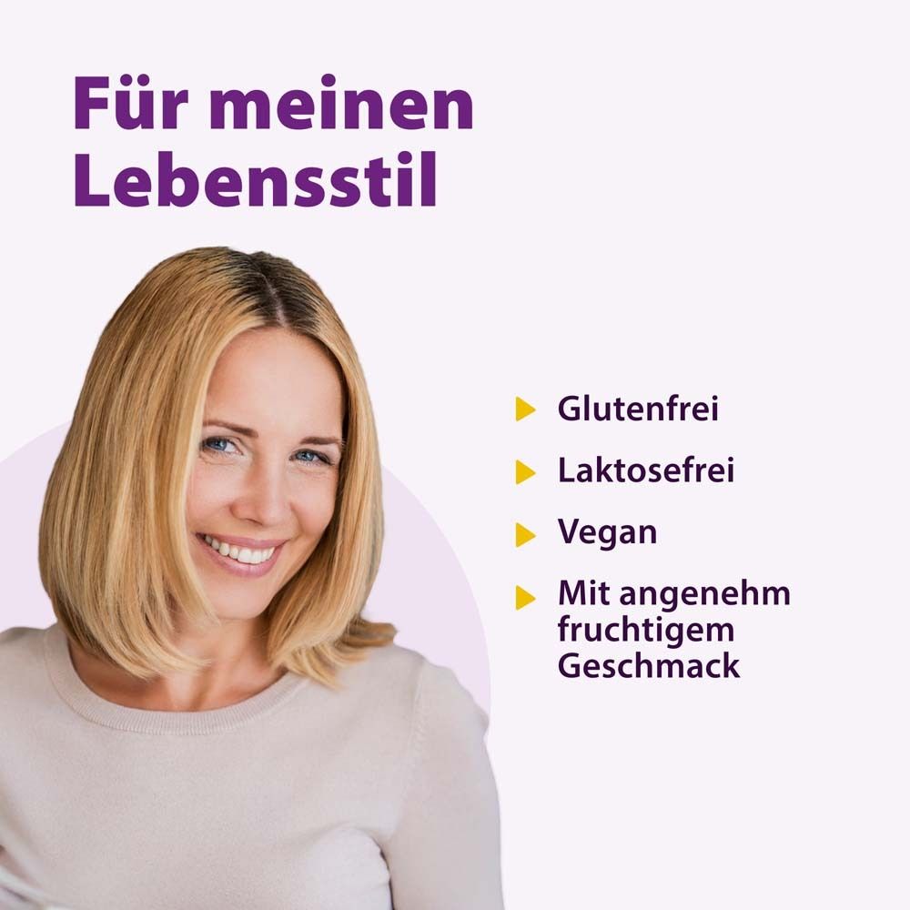Frau lächelt. Text: Für meinen Lebensstil. Glutenfrei, laktosefrei, vegan, fruchtiger Geschmack.