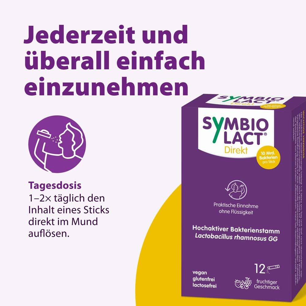 Schachtel SymbioLact Direkt. Text: Jederzeit und überall einfach einzunehmen. 1-2 Sticks täglich.